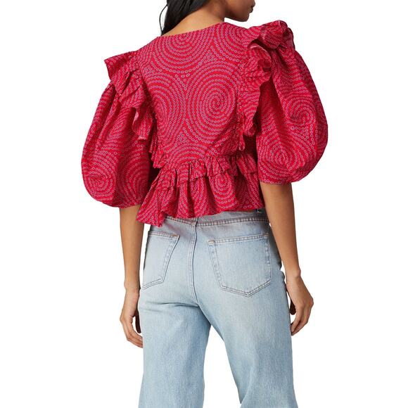 RHODE Red Printed 100% Cotton Short Sleeve V-Neckline Puff Sleeves Top size XL - Picture 5 of 16